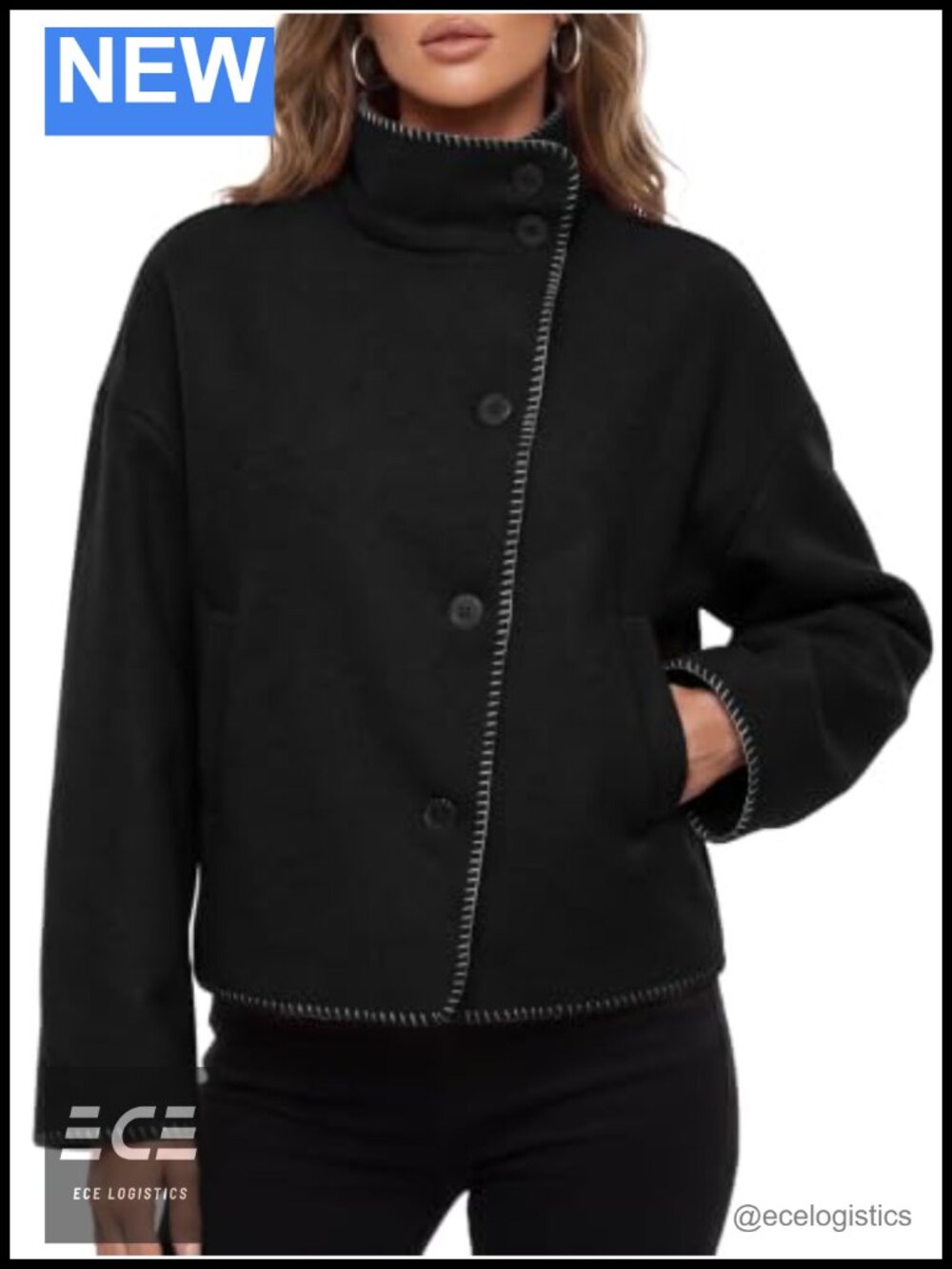 Wool Blend Pea Coat Button Down Stand Collar Cropped Jacket